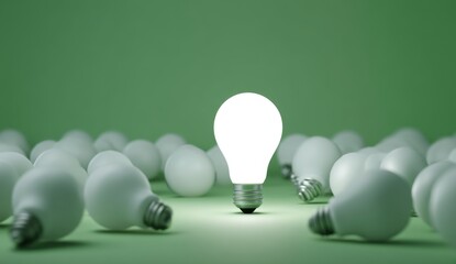 Bright Idea: One Illuminated Bulb Stands Out Among Many Unlit Bulbs on Green Background