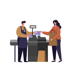 Obraz premium Woman shopping and cashier assisting with payment at checkout counter in flat style vector illustration