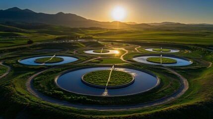 Scenic landscape with circular irrigation systems at sunset in a rural area