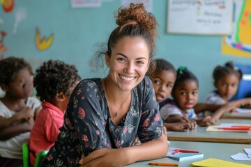 Smiling teacher engages students in classroom during an educational activity in a vibrant learning environment