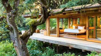 Elevated woodland hideaway: a tranquil cabin retreat amidst lush greenery