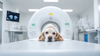 A dog is laying on a table in a hospital room