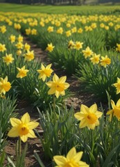 Obraz premium Close-up vibrant daffodils, sunny day, lush green field, May, detail, macro