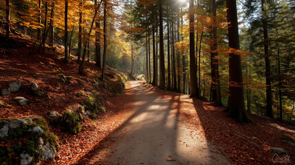 Obraz premium A serene fall scene capturing the peaceful beauty of a forest walk in peak autumn.