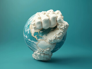 A fist made of clouds gripping the Earth, symbolizing strength, power, and global solidarity on May Day.