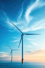 Fototapeta premium Two wind turbines are standing in the ocean
