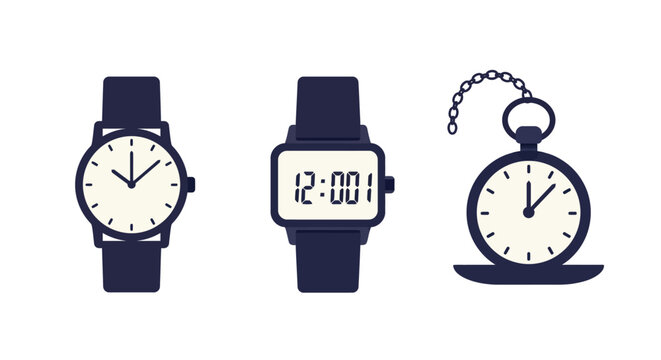 Classic wristwatch digital watch and pocket watch set in simple flat style black and white vector illustration