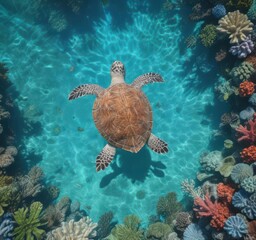 Naklejka premium A green sea turtle glides through a kaleidoscope of coral and blue water , ocean scene, underwater world