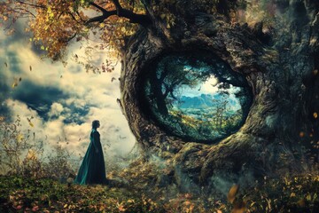 Mysterious portal in an ancient tree reveals a hidden world at twilight