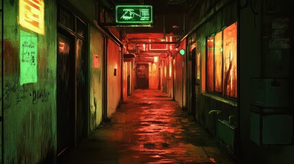 Fototapeta premium Neon-lit alleyway at night; urban exploration; background shows nightlife