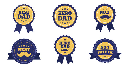 Fathers Day award badges with mustache icons in flat minimal style and dark blue and gold colors vector illustration