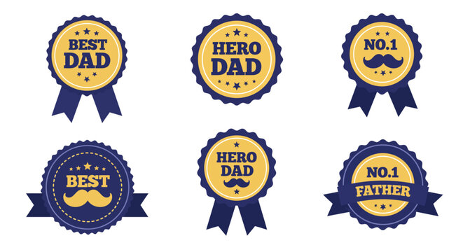 Fathers Day award badges with mustache icons in flat minimal style and dark blue and gold colors vector illustration
