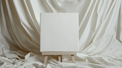 Empty canvas on wooden easel against a soft white backdrop ready for artistic creation at a studio setting