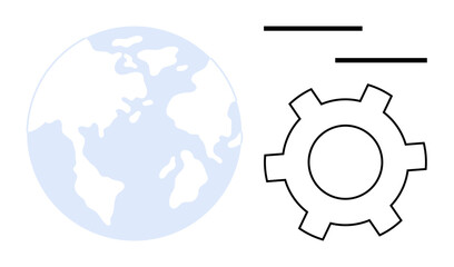 Planet Earth next to a gear with horizontal lines symbolizing progress and motion. Ideal for technology, innovation, globalization, teamwork, sustainability, modern solutions, simple landing page
