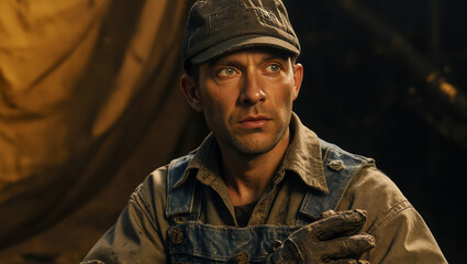 Fototapeta premium Portrait of a Hardworking Coal Miner Covered in Dust 