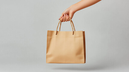Hand holding a beige leather tote bag isolated on a gray background