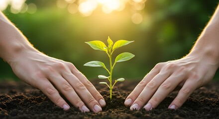 Nurturing New Life: Hands Gently Planting a Seedling in Rich Soil at Sunset