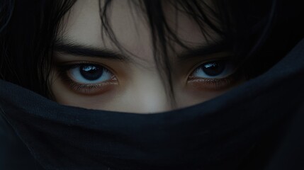 Naklejka premium Mysterious Gaze: A Close-Up Portrait of a Woman Partially Hidden by Dark Fabric