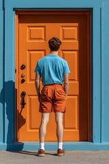 A man in a blue shirt stands in front of an orange door