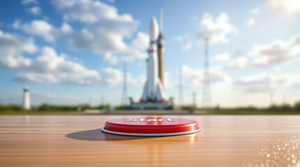 Red start button against background of space rocket standing at cosmodrome