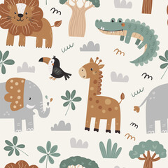 Seamless childish pattern with cute African animals. © nafanya241