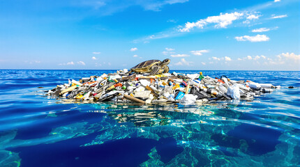 Naklejka premium A turtle sits on a garbage island in the ocean — a metaphor for environmental disasters, marine pollution and the need to protect nature