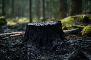 Obraz premium Charred tree stump in misty forest with soft green moss and tranquil atmosphere