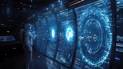 Astronaut in Futuristic Control Room