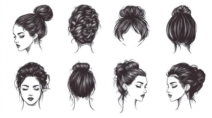 Eight Elegant Hairstyle Sketches: Bun, Braid, and Messy Updos