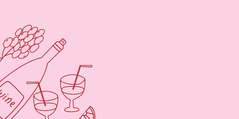 Hand drawn vector background with wine and glasses on a pink backdrop. Ideal for restaurant and café menus, food banners, and promotional designs with space for text.