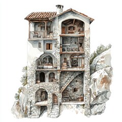Detailed Cross-Section Illustration of a Unique Stone House