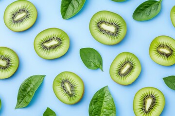 Fototapeta premium Fresh kiwi slices and green leaves on blue background