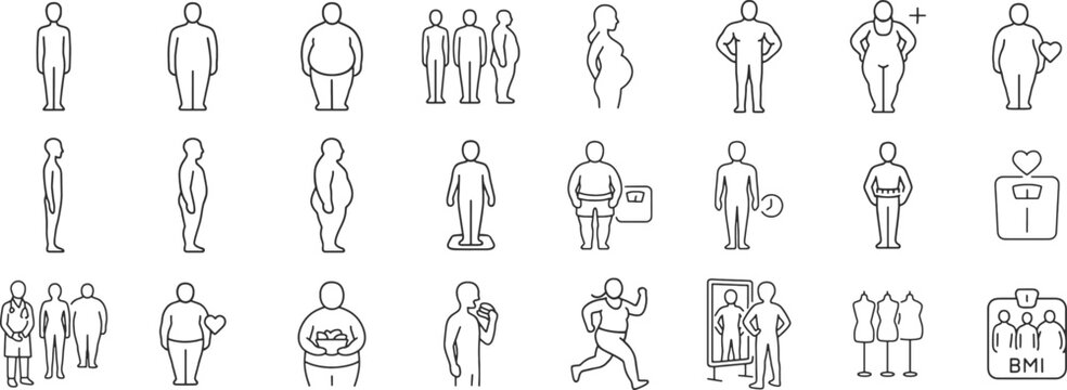 People body different weights line icon set. Vector pictograms of figure, scale, overweight, underweight, pregnant, BMI, health, thin linear illustration.