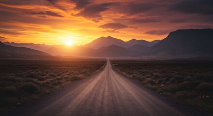 Majestic Sunset Over a Serene Desert Landscape with a Winding Road Leading Towards Distant Mountains