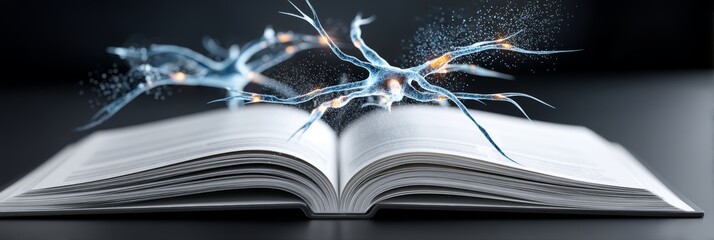Neuroscience breakthrough exploring neurons in an open book scientific laboratory digital art abstract background