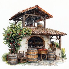 Rustic Wine Bar with Barrel Storage and Apple Tree in Countryside