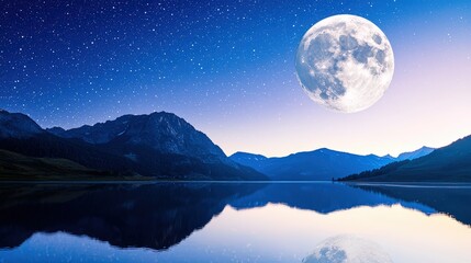 Fototapeta premium Serene Moonlit Lake & Mountain Landscape - Dark Moody Photography