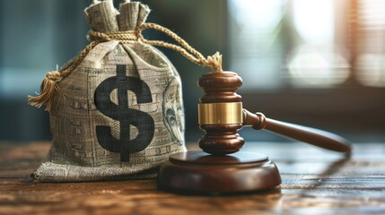 Financial Justice Depicted Through Symbolism: A Gavel Next To a Bag of Money