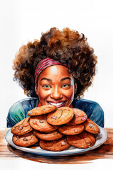 National Gingersnap Day. A happy woman behind a plate of gingersnap cookies.