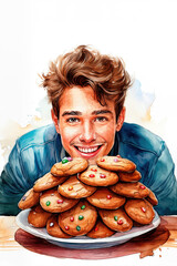 National Gingersnap Day. A happy man behind a plate of gingersnap cookies.