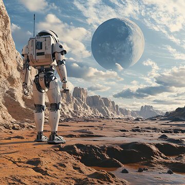 Exploring an alien landscape robot encountering a distant planet science fiction futuristic desert wide angle space exploration