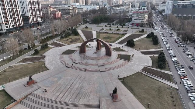 Bishkek, Kyrgyzstan - March 9, 2025: Aerial view of Victory Square in Bishkek city, the capital of Kyrgyzstan