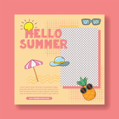Tropical Summer sale social media post, web banner editable template, summer vacation, summer holiday, summer pool party social media flyer or poster  with summer tropical retro style background