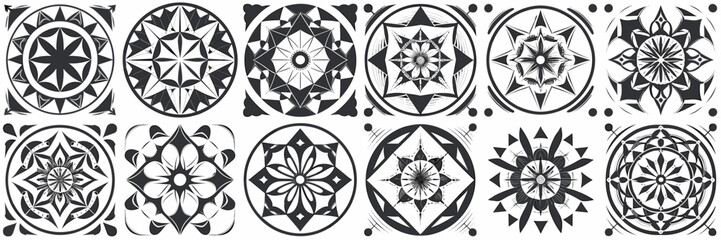 Vector set of tattoo-style mandala designs with bold geometric elements