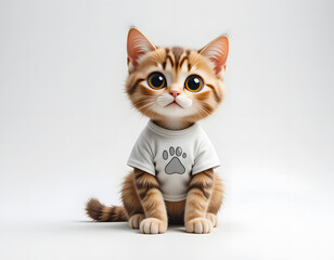 A playful kitten wearing a white shirt with a single gray paw design, looking curious.