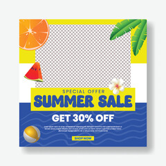 Editable social media post, banner, ad template for summer sale discount offer for promotional summer advertising, summer beach pool party social media post or web banner  with tropical background