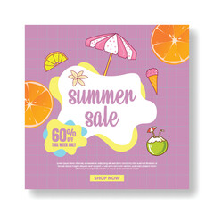 Tropical Summer sale social media post, web banner editable template, summer vacation, summer holiday, summer pool party social media flyer or poster  with summer tropical retro style background