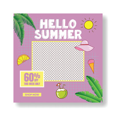 Tropical Summer sale social media post, web banner editable template, summer vacation, summer holiday, summer pool party social media flyer or poster  with summer tropical retro style background
