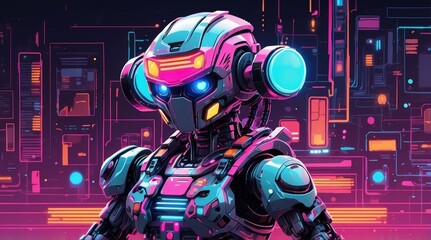Pixel Art Isometric Robot Avatar with Glowing Controller and Retro UI Elements