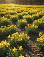 Fototapeta premium Sunlit daffodil field, vibrant yellow blooms, spring , growth, nature, renewal